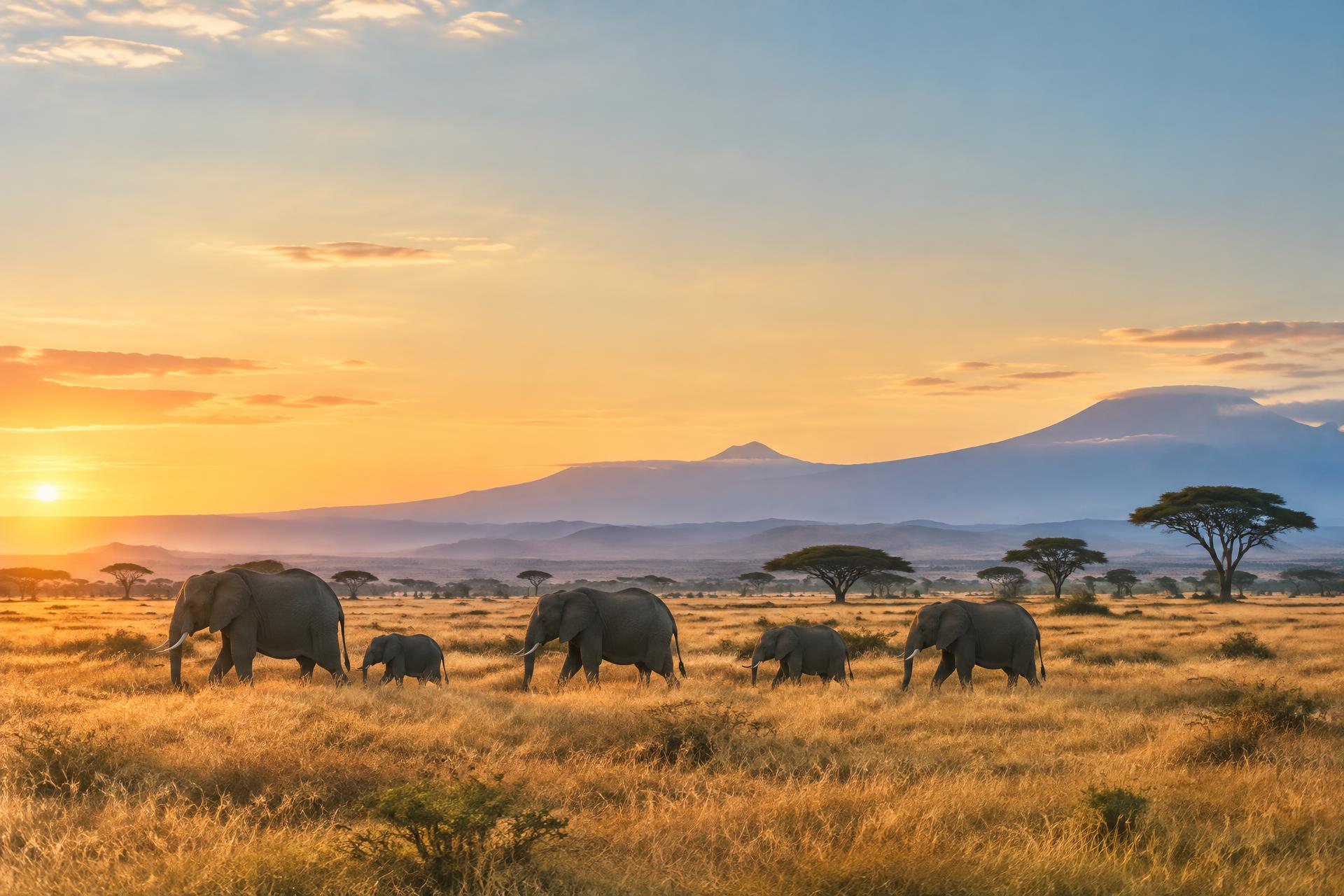 Elephants crossing the Serengeti at sunrise
